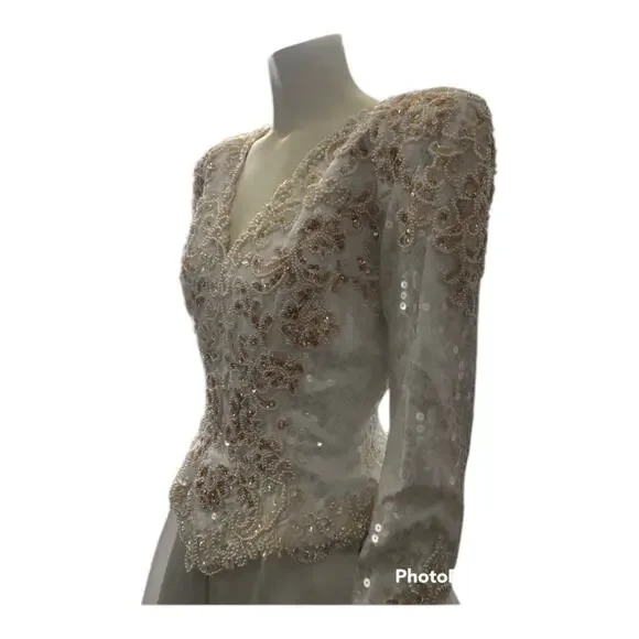 Vintage wedding sequenced dress with detachable skirt & train Ivory gold medium - Picture 9 of 17